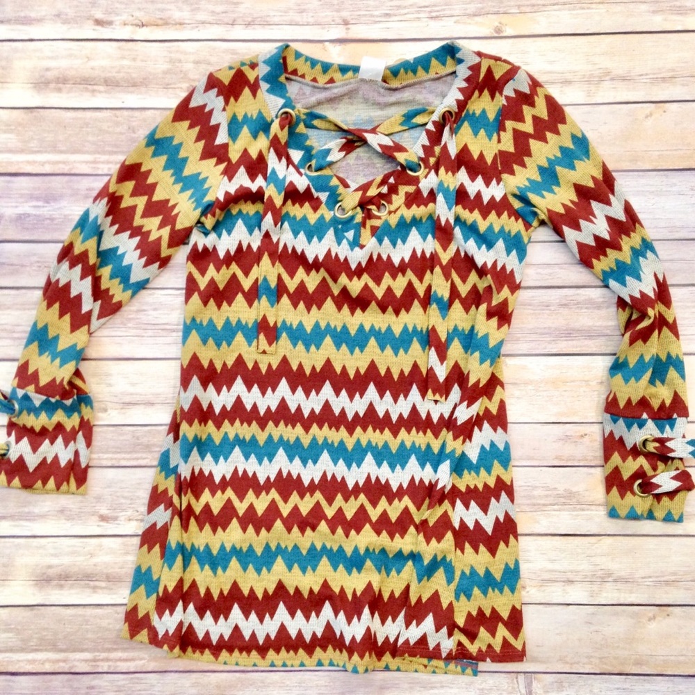 Lillypad Lace Up Chevron Fall Color Sweater Top